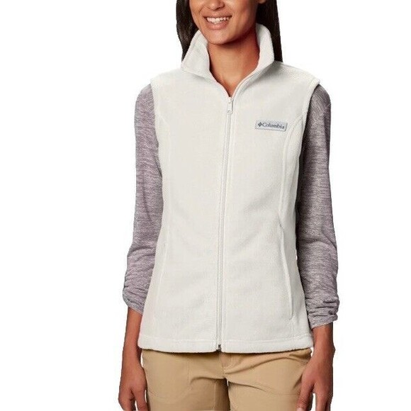 Columbia Fleece Full Zip Vest With Zipper Side Pockets Cream Color Size Medium - Picture 2 of 8